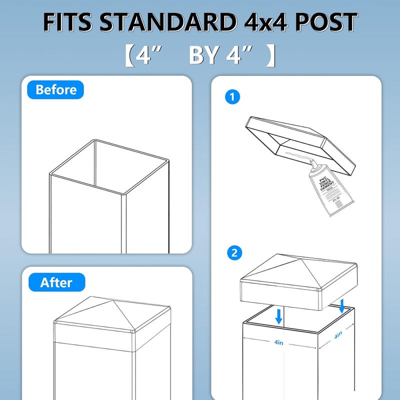 RECTOO 4x4 Vinyl Fence Post Caps, White PVC Decorative Pyramid for Actual 4"x4" Vinyl Posts – Not for Wood Post (8-Pack) - Image 5